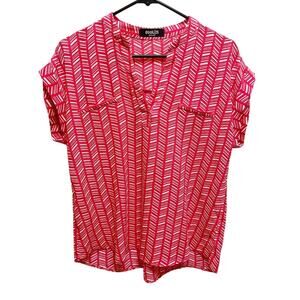 Cookies Hawaii Red & White Geometric Print V-Neck Short Sleeve Blouse Large